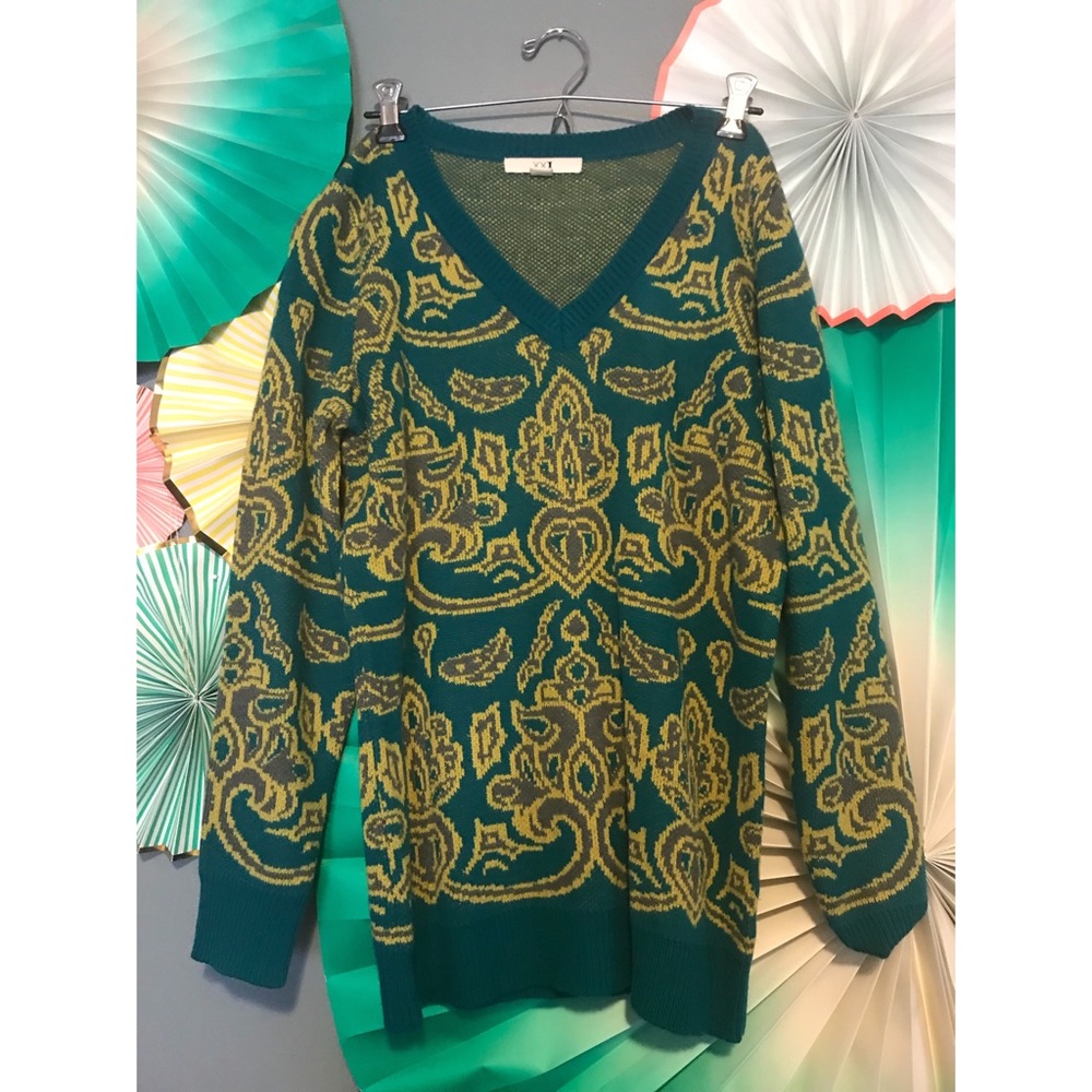 v neck sweater with bright bold pattern